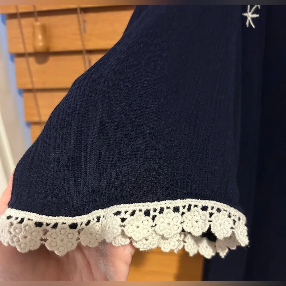 Like NEW new directions Navy Cold-Shoulder Tunic with White Embroidery - Picture 4 of 7